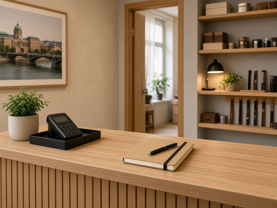 Contact desk at Faircompass Studio in Budapest